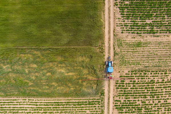 Tractor Spraying Field Spring Drone Shot — Stock Photo, Image