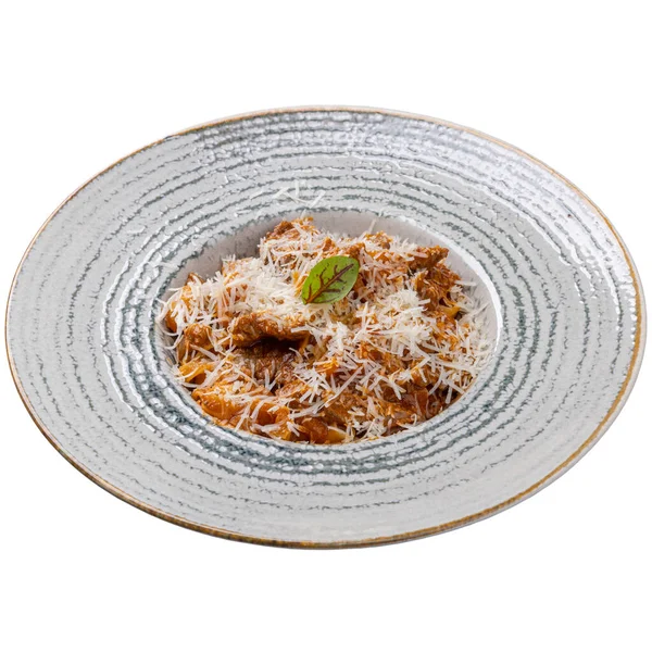 Tagliatelle Con Carne Manzo Salsa Pomodoro Rosso Con Parmigiano Idea — Foto Stock