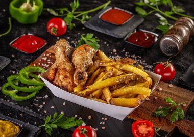 Kızarmış tavuk budu ve patates cipsi.