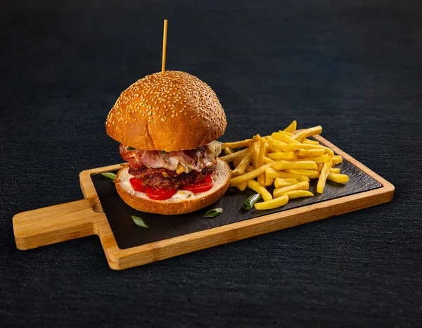 Tasty Burger French Fries Served Slate Board — Stock Photo, Image