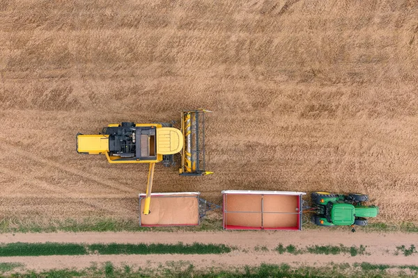Tractor Trailer Working Tandem Alongside Working Combine Harvester Discharging Grain — Stock Photo, Image