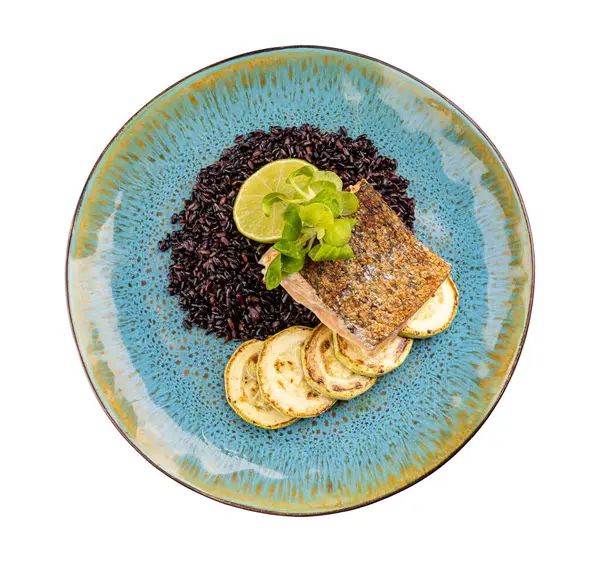 Fried Salmon Steak Black Rice Grilled Zucchini — Foto de Stock