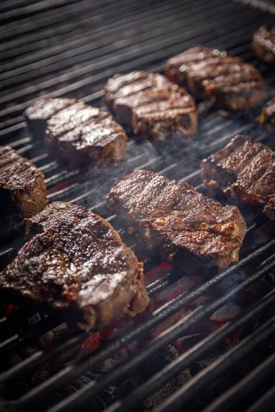 Steaks Generously Covered Seasoning Smoke Rising Grill — Stock Photo, Image