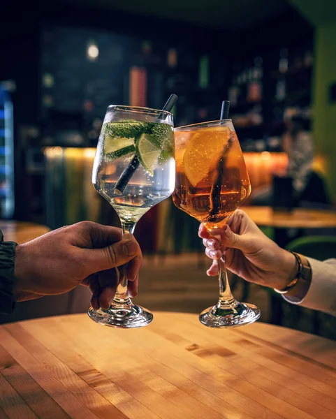 Two Hands Glasses Aperol Spritz Gin Tonic Cocktail — Stock Photo, Image