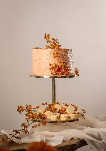 파스텔 결혼식 달콤한 테이블 마카롱과 케이크 — 스톡 사진