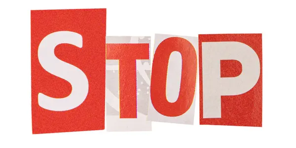 Het Woord Stop Gemaakt Van Uitgesneden Brieven Van Gedrukte Tijdschriften — Stockfoto