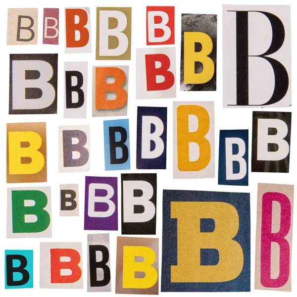 Letter B cut out from newspapers, isolated on white background.