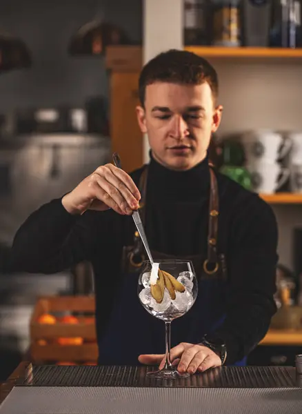 Profesyonel Barmen Kokteyl Bardağını Süslüyor Barmen Başında Stok Resim