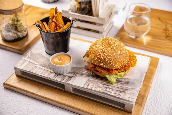 Big Chicken Hamburger French Fries Chedar Sauce — Stock Photo, Image