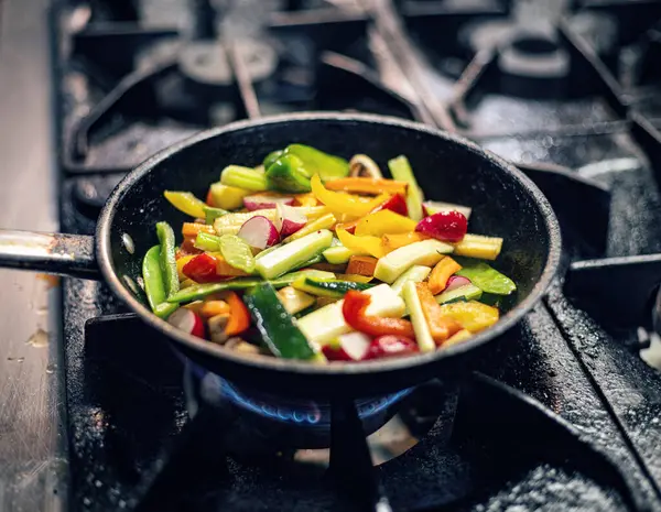 Sliced Vegetables Pan Cooking Restaurant Kitchen Stock Picture