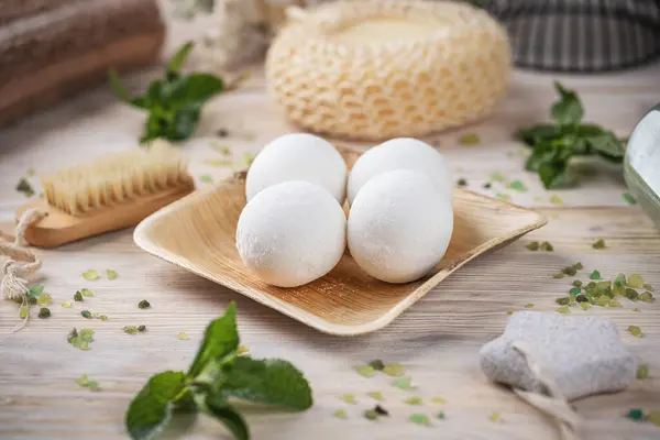 White Bath Bombs Displayed Elegantly Bamboo Plate Decorated Fresh Mint Royalty Free Stock Photos