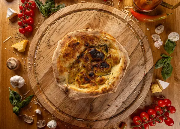 Delicious Focaccia Wooden Table Surrounded Fresh Ingredients Stock Image