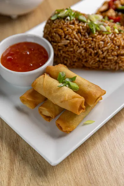 Fried Spring Rolls Sweet Chili Sauce Fried Rice Stock Photo