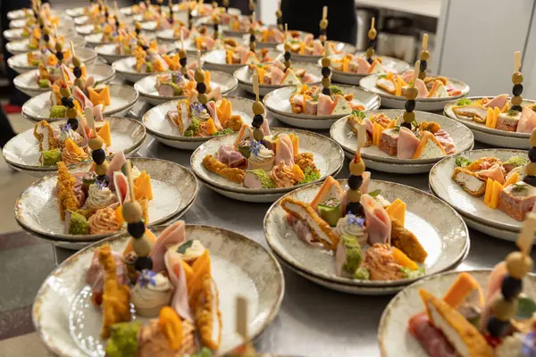 Elegant Appetizer Platters Ready Serving Restaurant Kitchen Counter Stock Image