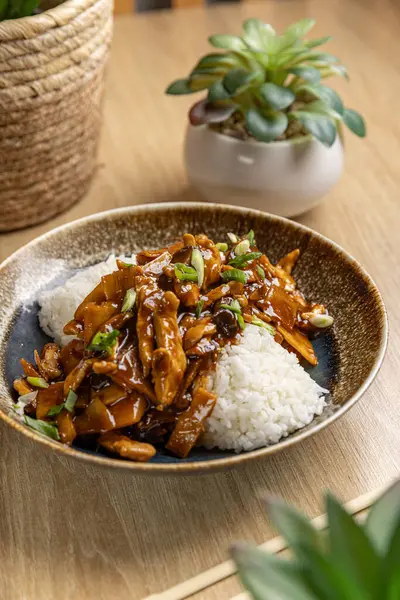 Delicious Teriyaki Chicken Rice Elegant Bowl Stock Photo