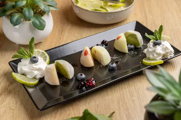 Gourmet Asian Dessert Platter Whipped Cream Mochi Whit Ice Cream Stock Picture