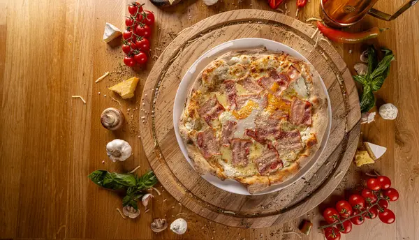Rustic Bacon Pizza Wooden Table Top View Stock Image