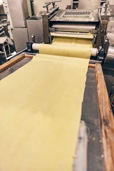 Fresh Pasta Dough Sheets Being Processed Automated Factory Setting Stock Picture