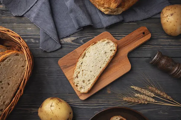 Top View Fresh Bread Slice Cutting Board Stock Image