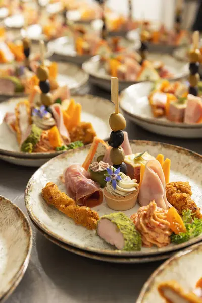 Gourmet Canapes Decorated Plates Lined Catered Event Royalty Free Stock Photos
