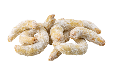 Geleneksel Noel Vanilyalı Hilal Kurabiyeleri üzerine pudra şekeri serpiştirilmiş