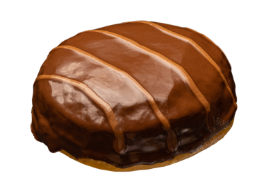 Çikolata kaplı ve tuzlu karamel çizgili lezzetli donut.