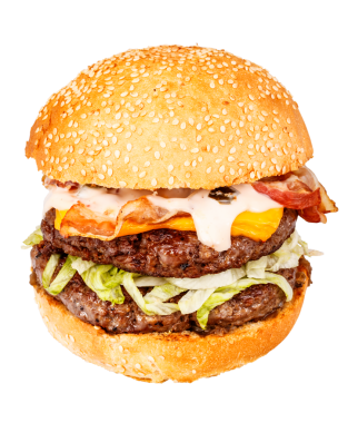 Ağız sulandıran duble burgerin içinde sulu köfteler, gevrek pastırma, erimiş peynir, taze marul ve susamlı çörek.,