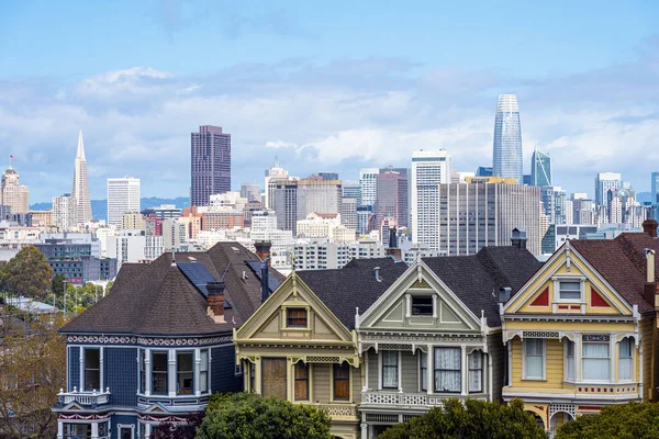 Old Victorian Houses San Francisco Downtown Skyline Back Royalty Free Stock Images