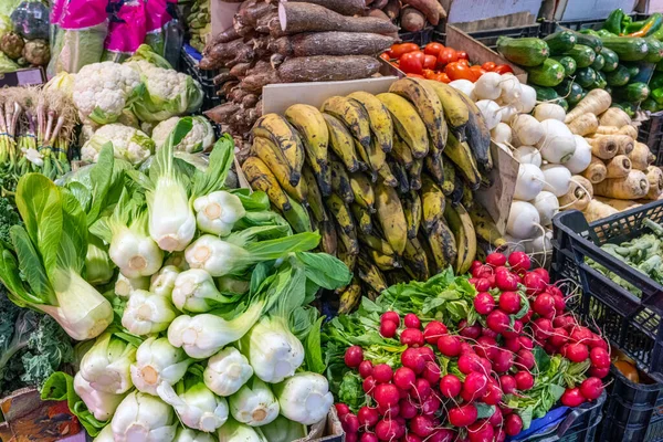 市場の屋台で新鮮な野菜を選ぶのに最適な場所 — ストック写真
