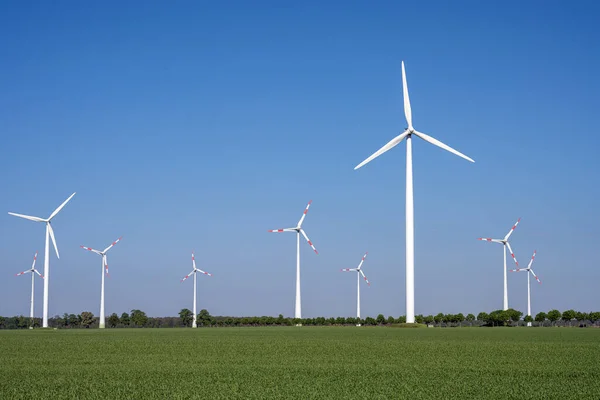 Modern Wind Turbines Agricultural Landscape Seen Germany — Stock Photo, Image