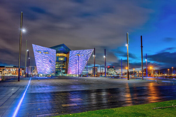 Belfast, Northern Ireland- November 3rd, 2023: The Titanic Belfast Museum illuminated at night