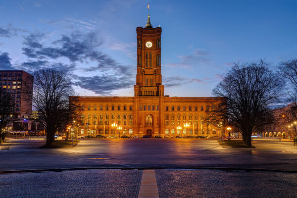 The famous Rotes Rathaus, the town hall of Berlin, at dawn