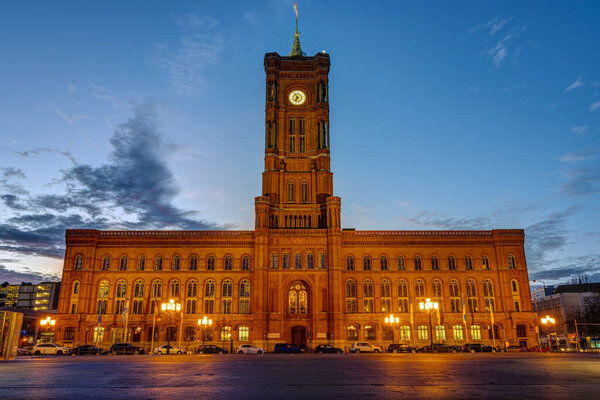 The famous Rotes Rathaus, the town hall of Berlin, before sunrise