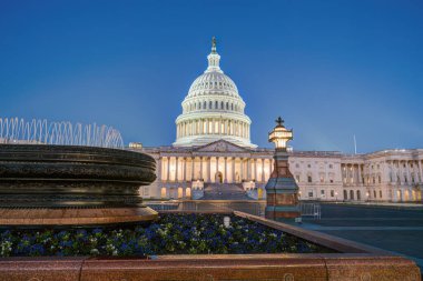 Washington D.C. 'deki aydınlatılmış Amerikan Kongre Binası. Şafakta küçük bir fıskiye ile.