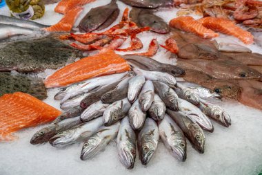 Fresh fish and seafood for sale at a market in Barcelona, Spain