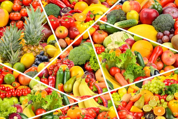 Vackert Mönster Friska Flerfärgade Frukter Grönsaker Och Bär Åtskilda Vita — Stockfoto