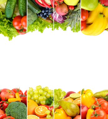 Frame healthy vegetables and fruits isolated on white background.