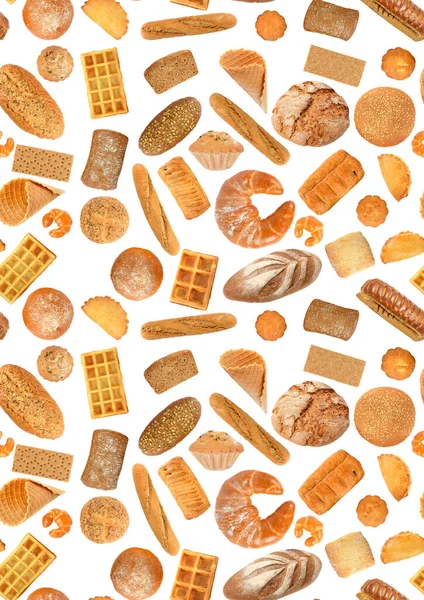 Великий Безшовний Візерунок Хлібних Продуктів Ізольований Білому Тлі — стокове фото