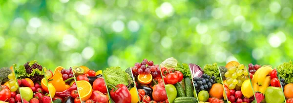 Bogyók Gyümölcsök Zöldségek Zöld Homályos Háttérrel — Stock Fotó