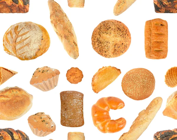Vackra Sömlösa Mönster Bröd Produkter Isolerade Vit Bakgrund — Stockfoto