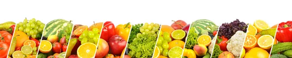 Amplio Panorama Frutas Verduras Sanas Separadas Por Líneas Verticales Sobre — Foto de Stock