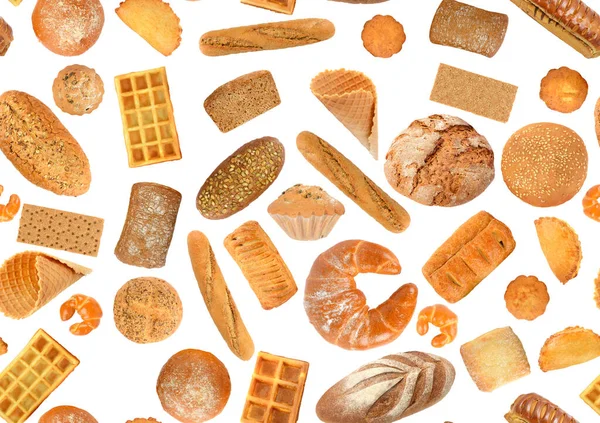 Sömlöst Mönster Bröd Produkter Isolerad Vit Bakgrund — Stockfoto