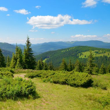 Güzel, parlak dağ manzarası ve beyaz bulutlu gökyüzü..