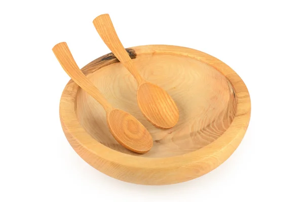 木制碗和勺子 白色背景隔离 — 图库照片