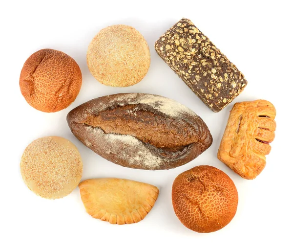 Prachtig Gebakken Brood Broodjes Geïsoleerd Witte Achtergrond Bovenaanzicht — Stockfoto
