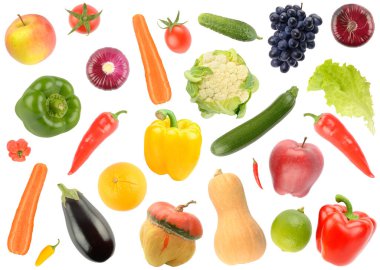Big set falling vegetables and fruits isolated on white background.