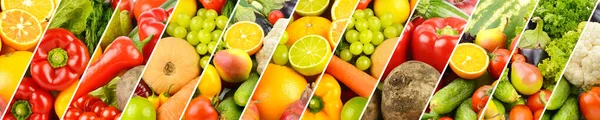 Ευρεία Πανόραμα Υγιή Φρούτα Και Λαχανικά Που Χωρίζονται Από Λοξές — Φωτογραφία Αρχείου