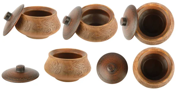 Collection Beaux Pots Céramique Avec Couvercle Sous Différents Angles Isolés — Photo