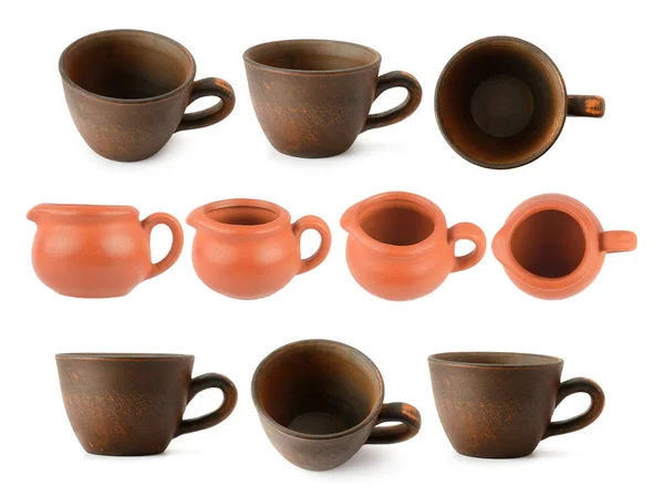 Big Set Handmade Clay Cups Isolated White Background — Stock Photo, Image