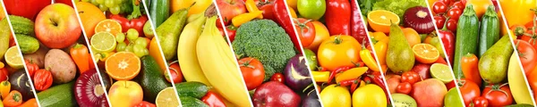 Ποικίλα Φρούτα Λαχανικά Μούρα Που Διαχωρίζονται Λοξές Γραμμές Ευρύ Πανόραμα — Φωτογραφία Αρχείου